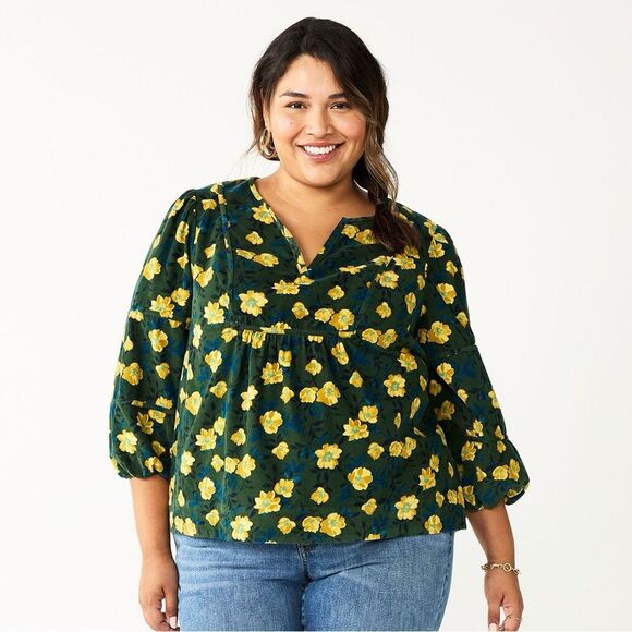 Plus Size Sonoma Goods For Life® Notchneck Long Sleeve Top Floral Print Size 1X - Picture 1 of 10